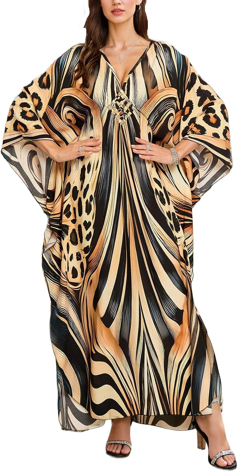 IMAGEKOPE Women's Plus Size Animal Print V-Neck Batwing Kaftan Beach Dress Bathing Suit Cover-Up Loungewear - Image 1